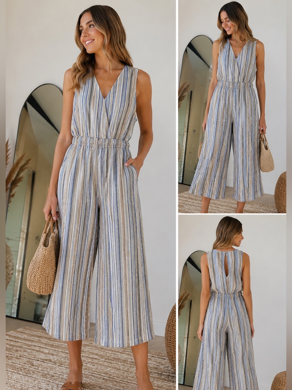 Fab’rik linen Striped Sleeveless Wide-Leg Jumpsuit cropped Small